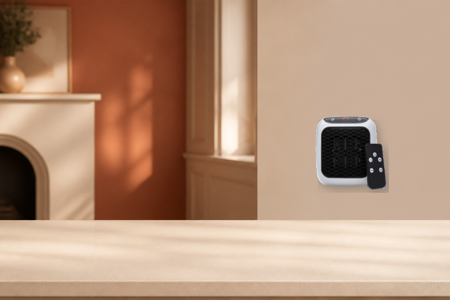 VelaWarm compact plug-in ceramic room heater in a warm home interior